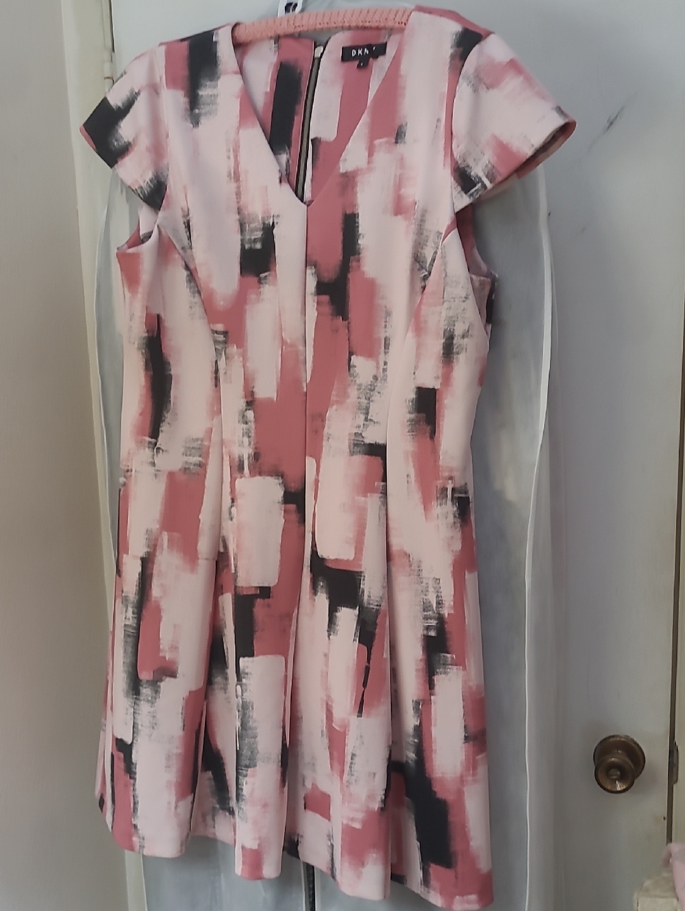 DKNY Pink and Black Brushstroke V-Neck Midi Dress